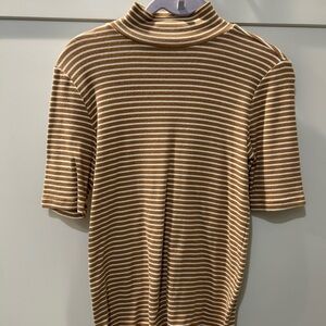 LOFT Tan and White Ribbed Striped Top - mock neck elbow length sleeves